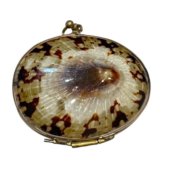 Vintage Brass & Shell Hinged Compact Mirror 2.5" Diameter - Picture 4 of 5